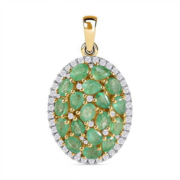 Kagem sambischer Smaragd und Zirkon-Cluster-Halo-Anh&auml;nger, 925 Silber vergoldet, 3,33 ct.