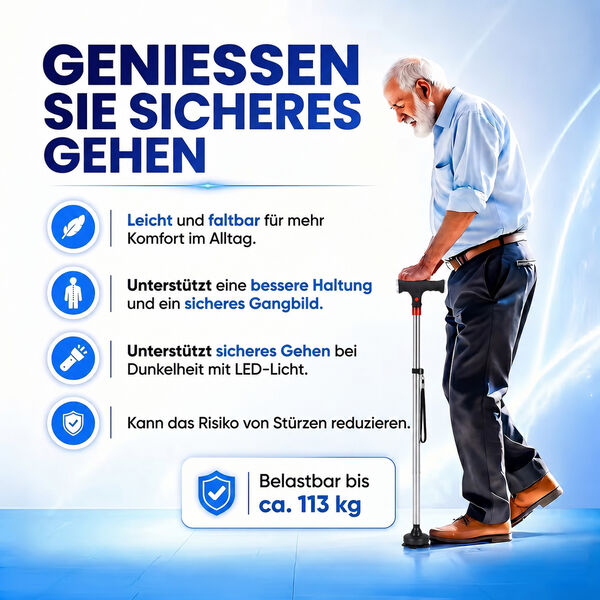 LIVMORE Smart Gehstock, klappbar, 85-97cm, LED Licht, SOS Alarm, Grau image number 2