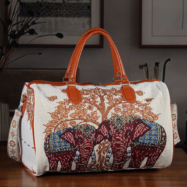 "Life style Color:White with red elephant print /Profile:Duffel bag wall(exterior):Polyester    Lining(interior): polyester; Pockets(exterior):Zipped-1 Pockets(interior):none Measurement:45*23*27cm         " image number 1