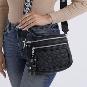PU Crossbody Tasche mit gemustertem Riemen, 22x8x19cm, Schwarz