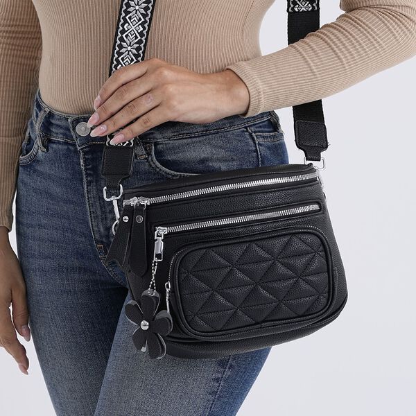 PU Crossbody Tasche mit gemustertem Riemen, 22x8x19cm, Schwarz image number 3