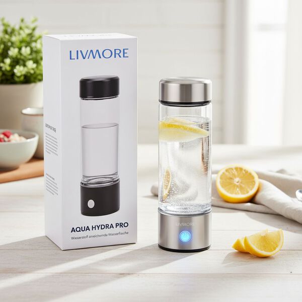 LIVMORE doppelwandige Wasserstoff Wasserflasche 300ml, SPE PEM, Borosilikatglas, USB Akku, Silber image number 2