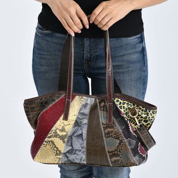 Chaos by Elsie- Echtleder-Shopper, RFID-Schutz, Strahlen Paneel Design, Patchwork aus gepr&auml;gten Ledern Kroko Schlange Leopard Metallic, 33x13x24cm, Mehrfarbig.