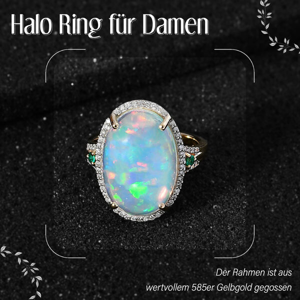 AAAA Natürlicher, äthiopischer Welo Opal, Diamant und kolumbianischer Smaragd-Ring in 585 Gold - 9,01 ct. image number 2
