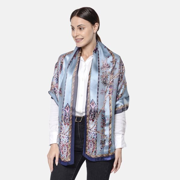 LA MAREY: Bedruckter Schal aus 100% Maulbeerseide, Schn&ouml;rkel-Blumenmuster, inkl. Geschenkbox, Blau-Rosa&nbsp;