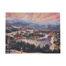 Winterlandschaftsleinwand mit 10 LED- und 30 Glasfaserlichtern, 3XAA, 30 x 40 cm, Schlittschuhsee