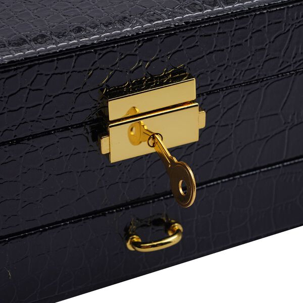 2-lagige Kunstleder-Schmuckschatulle mit Kroko-Pr&auml;gung und Schloss mit Schl&uuml;ssel, 21.3x17.3x11.5cm, Schwarz image number 6