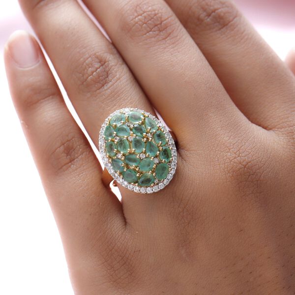 Kagem sambischer Smaragd und Zirkon-Cluster-Halo-Ring, 925 Silber vergoldet, 3,40 ct. image number 3