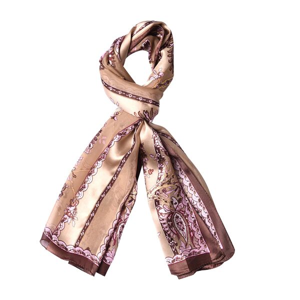 LA MAREY: Bedruckter Schal aus 100% Maulbeerseide, Schn&ouml;rkel-Blumenmuster, inkl. Geschenkbox, Braun-Rosa&nbsp; image number 3