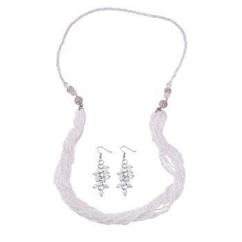 2er Set - Mehrreihige Wei&szlig;e Kristall Perlen Halskette und passende Ohrringe