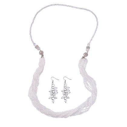 2er Set - Mehrreihige Wei&szlig;e Kristall Perlen Halskette und passende Ohrringe