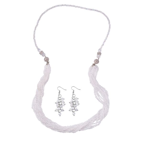 2er Set - Mehrreihige Wei&szlig;e Kristall Perlen Halskette und passende Ohrringe