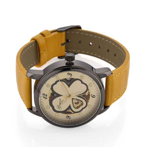 GENOA TIME V2 Automatikuhr mit Automatikwerk, Zifferblatt mit Blumenmuster und Moissaniten, gelbes Lederarmband, 36 mm, ca. 0,08 ct. image number 4