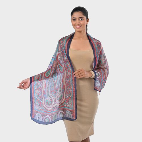 Bedruckter Schal aus 100% Seide, Multicolor-Muster mit grauer Bordüre, ca. 70 x 200 cm