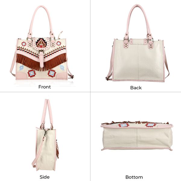 Handgefertigte Umh&auml;ngetasche aus Echtleder mit Stickerei, Fransen und geometrischem Muster, Magnetverschluss, 28x24x18cm, Cr&egrave;me image number 5