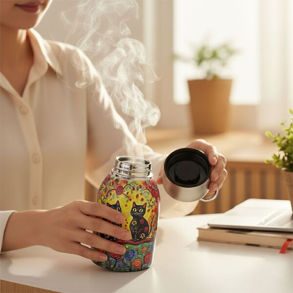 Isolierflasche aus 316L Edelstahl mit Doppelwand und Motiv Katzen und Blumen, für heiße und kalte Getränke, 260 ml image number 1