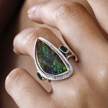 Kanadischer Ammolit und nat&uuml;rlicher Chromdiopsid Ring, 925 Silber platiniert (Gr&ouml;&szlig;e 16.00) ca. 14.44 ct