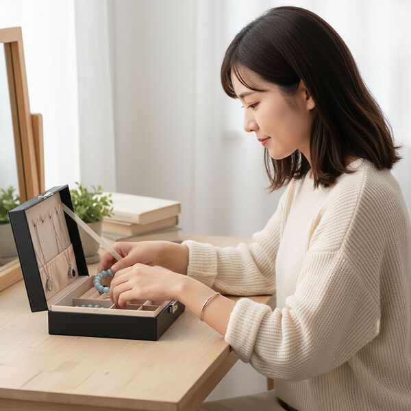 Schmuck Aufbewahrungsbox mit Haken, abschlie&szlig;bar mit Schl&uuml;ssel, 6 F&auml;cher, 19x17x6,8cm, Schwarz image number 3