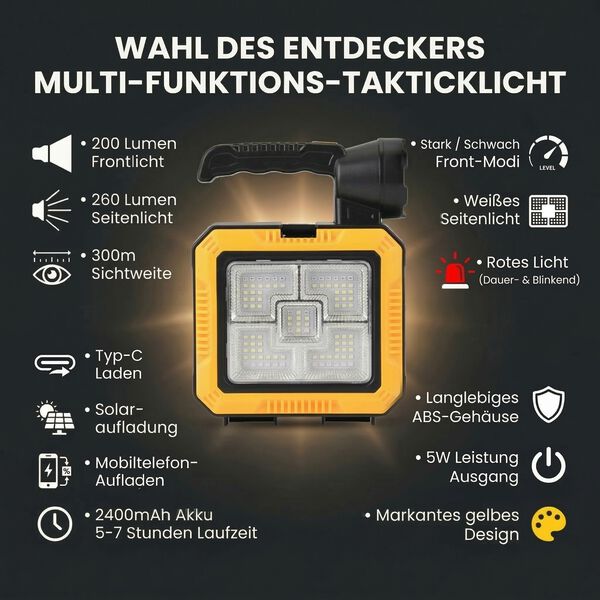 Multifunktionsleuchte mit Werkzeugset, Solarpanel, 300m Reichweite, Schwarz-Gelb image number 3