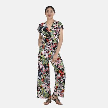 Jumpsuit mit gesmokter Taille und Flatter&auml;rmeln, Tropisches Blumenmuster