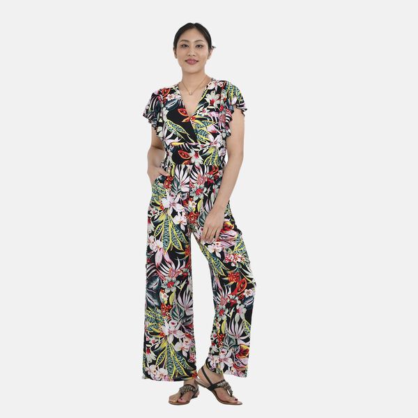 Jumpsuit mit gesmokter Taille und Flatter&auml;rmeln, Tropisches Blumenmuster