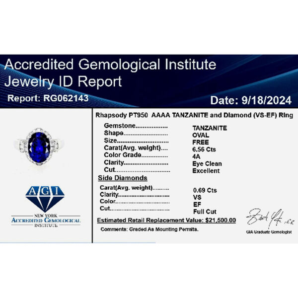 RHAPSODY zertifiziert und gepr&uuml;ft AAAA Tansanit und VS Diamant Ring in 950 Platin - 7,25 ct. image number 7