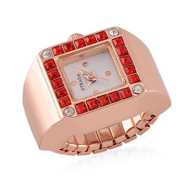 STRADA - Ringuhr mit rubinrotem Kristall, Weißkristall, Japanischem Uhrwerk und Roséfarben, 7.5 cm, Reiner Edelstahl