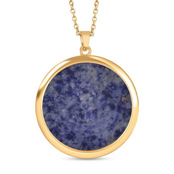 Sodalith Medaillon-Anh&auml;nger mit Kette, (ca. 44mm), Edelstahl, vergoldet, ca. 75.00 ct