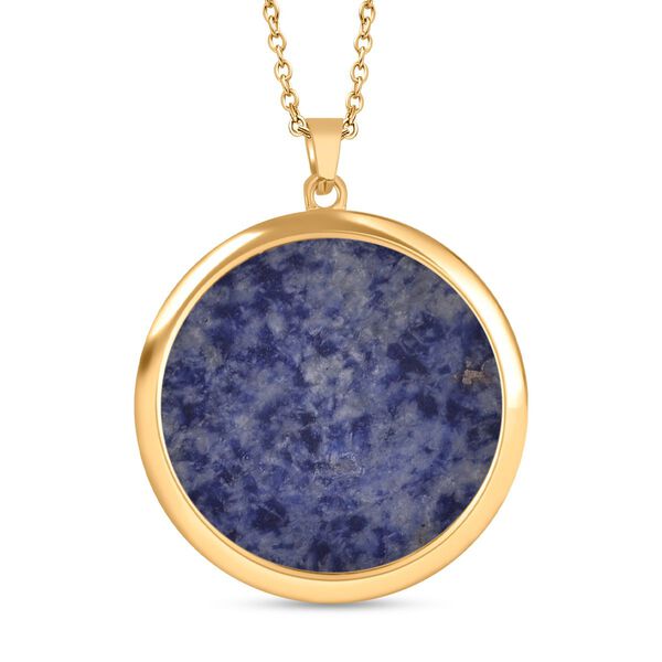 Sodalith Medaillon-Anh&auml;nger mit Kette, (ca. 44mm), Edelstahl, vergoldet, ca. 75.00 ct