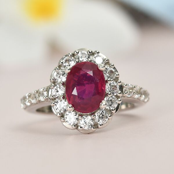 Fissure gef&uuml;llt Rubin und Zirkon Halo Ring 925 Silber Platin-&Uuml;berzug image number 2