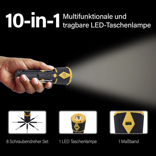 10 in 1 multifunktionale und tragbare LED-Taschenlampe, Schwarz und gelb image number 1