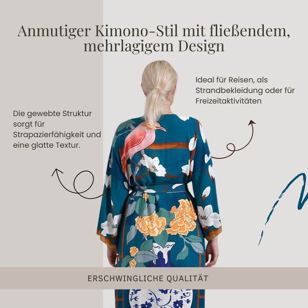 Kimono mit Gürtel , Blumenmuster, 128×78 cm, Blau image number 4