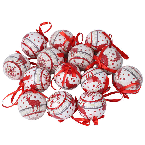 14er-Set Weihnachtskugeln in Geschenkbox, Weihnachtsmotiv, Durchmesser 7,5 cm, Wei&szlig; und Rot