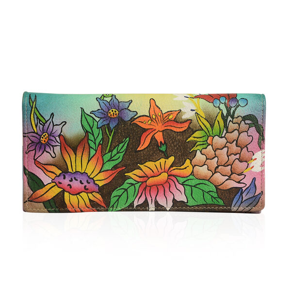 Sukriti - handbemalte dreifach-Brieftasche aus echtem Leder mit RFID Schutz, Größe 17,75x10 cm, Blumen image number 0