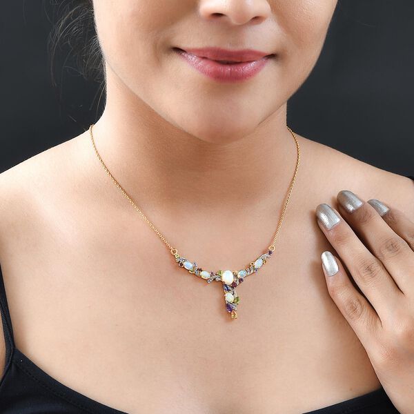 GP Art Déco Kollektion - Natürliche, äthiopische Welo Opal und mehrfarbige Edelstein-Halskette in Silber image number 2