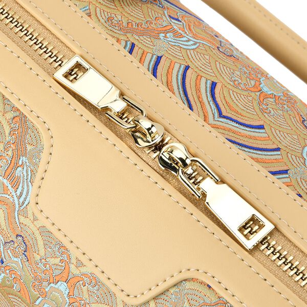 LA MAREY Brokat Crossbody Tasche aus Seide und Echtleder, 30x18x15cm, Beige image number 6