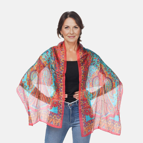 Bedruckter Satin-Seidenschal, 48x160cm, Blau image number 3