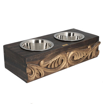 NAKKASHI - Handgeschnitzter Mangoholz Fressnapf mit Edelstahlschalen, 48x20x12,5 cm, Blumen