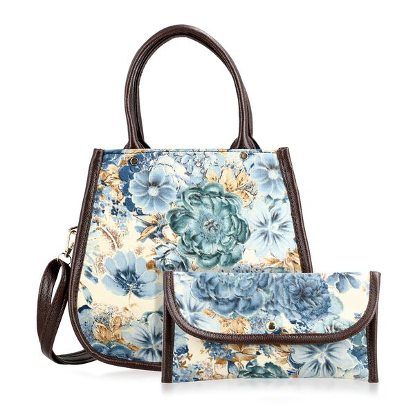 2er Set - Handtasche und Geldb&ouml;rse, Baumwolle, Blau Floral