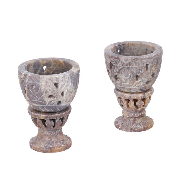 NAKKASHI handgeschnitzter Speckstein Eierbecher, Blattmuster, 2 teilig