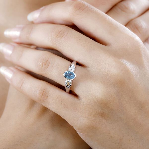 TUCSON FIND - Nat&uuml;rlicher AA Aqua Kyanit, Wei&szlig;er Zirkon Ring 925 Silber rhodiniert (Gr&ouml;&szlig;e 20.00) ca. 1.13 ct image number 3