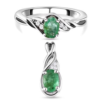 2er Set Kagem sambischer Smaragd Anh&auml;nger und Ring, 925 Silber platiniert ca. 0.90 ct