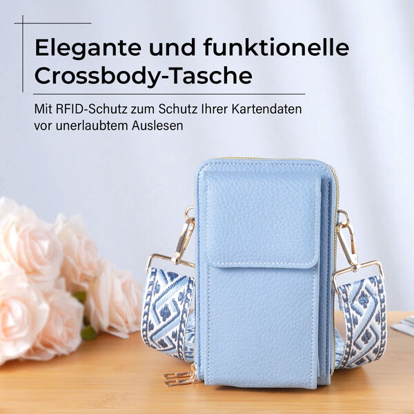 Crossbody-Handytasche mit RFID-Schutz und gemustertem Trageriemen, 19x6x11 cm, Hellblau image number 2