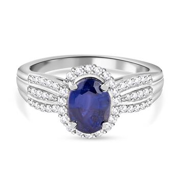 Masoala Saphir (Fissure gef&uuml;llt) und wei&szlig;er Zirkon-Ring, 925 Silber platiniert (Gr&ouml;&szlig;e 18.00) ca. 2.37 ct