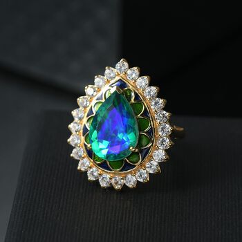 D joy Pfau Quarz Triplette, Wei&szlig;er Zirkon Ring 925 Silber 750 Gelbgold Vermeil (Gr&ouml;&szlig;e 19.00) ca. 7.78 ct