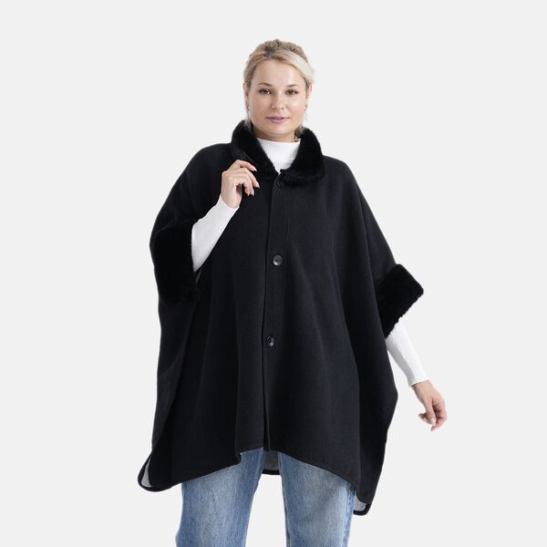 LA MAREY - Signature Kunstfell-Poncho mit Plüschkragen und Umschlagärmeln, Einheitsgröße, Tiefschwarz image number 3