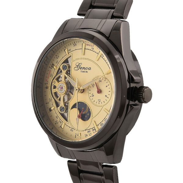 GENOA TIME V2 - Automatik-Armbanduhr, Mechanisches Uhrwerk, Edelstahlarmband, Schwarz-Goldfarben, Beigefarbenes Zifferblatt image number 3