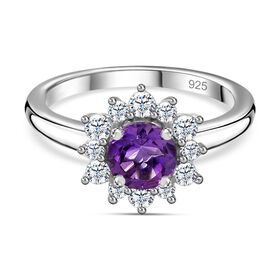 AA Natürlicher, Marokkanischer Amethyst, Weißer Zirkon Ring, 925 Silber platiniert, (Größe 20.00) ca. 1.26 ct