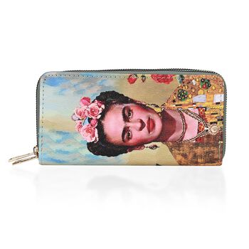 Frieda Kahlo Brieftasche mit doppeltem Rei&szlig;verschluss, mit mehreren Kartenf&auml;chern und RFID-Schutz, 19x10x4 cm, Beige