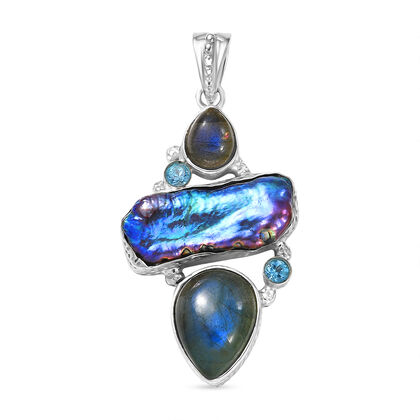 D'Joy S&uuml;&szlig;wasser Pfau Perle, Labradorit Anh&auml;nger 925 Silber rhodiniert 13.23 ct